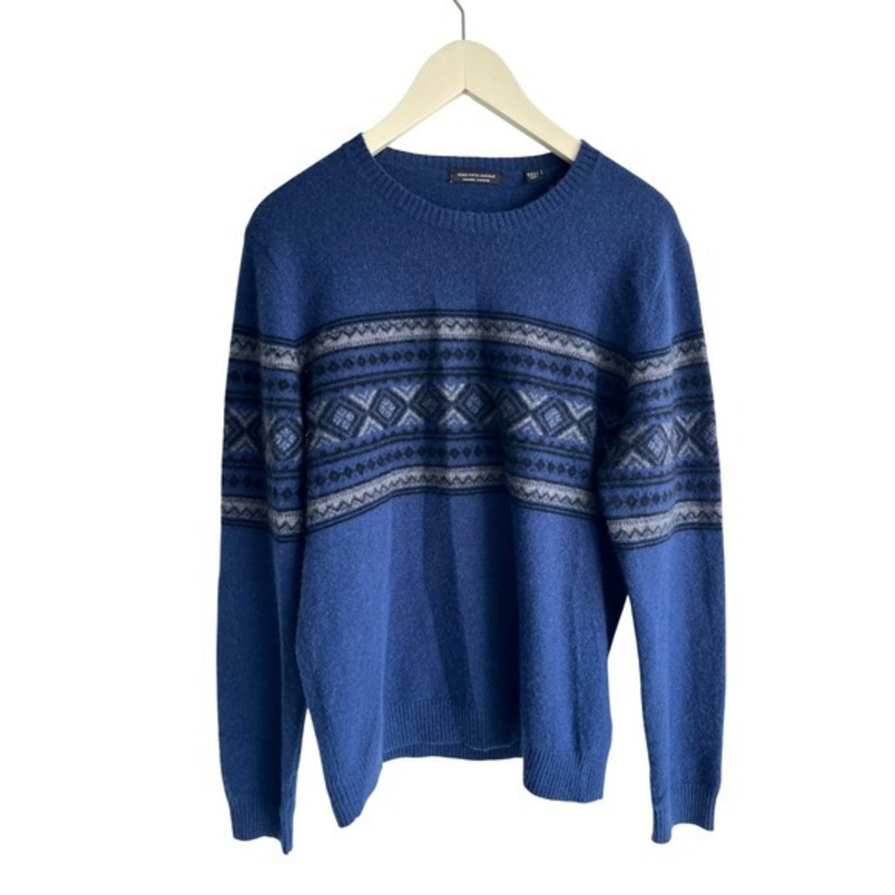 Saks Fifth Avenue Mens Blue 100% Cashmere Fair Isle Crewneck Sweater Size M - Picture 2 of 9